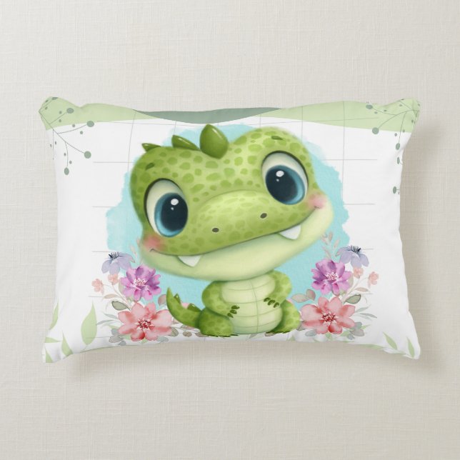 Niedlich Green Dinosaurier Floral Themed Personali Dekokissen (Vorderseite)