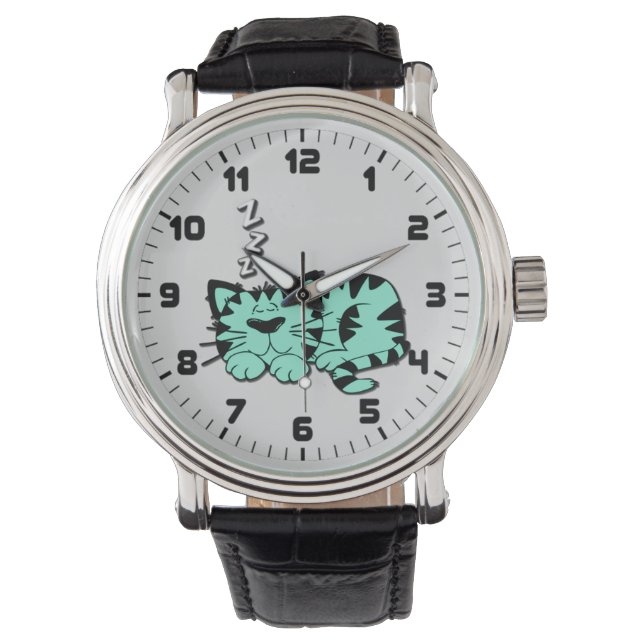 Niedlich Green Kitty Cat Nickerchen Wrist Watch Armbanduhr (Vorderseite)