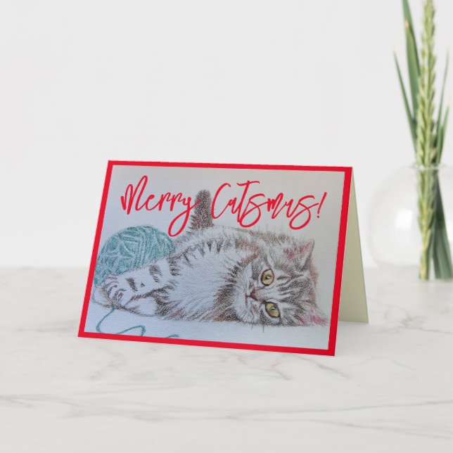 Niedlich Grey Tabby Cat Kitten Art Weihnachtskarte Karte (Vorderseite)