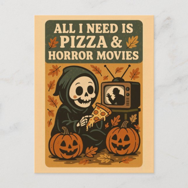Niedlich Grim Sensenmann Pizza Funny Halloween Postkarte (Vorderseite)