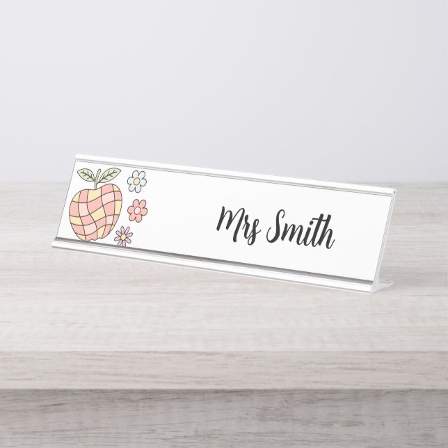 Niedlich Groowy Apple & Blume Lehrer Schreibtischnamensplakette (Vorderseite )