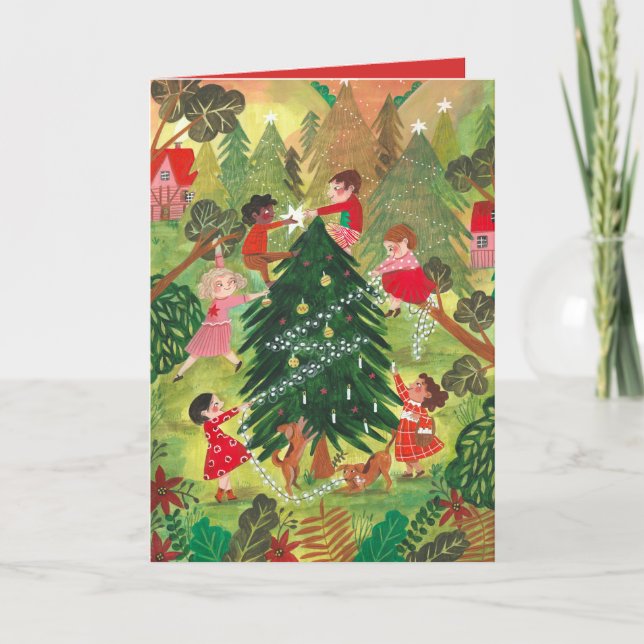 Niedlich grün dekorierte Weihnachtsbaumkinder Feiertagskarte (Vorderseite)