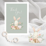Niedlich Grüne Aquarell Bunny Baby Dusche Dankeskarte<br><div class="desc">Niedliche "Danke" Karte mit Aquarellblasen in einem Korb aus Imitaten. Hintergrund ist grün. Ideal für Ihre Baby-Dusche Gäste.</div>