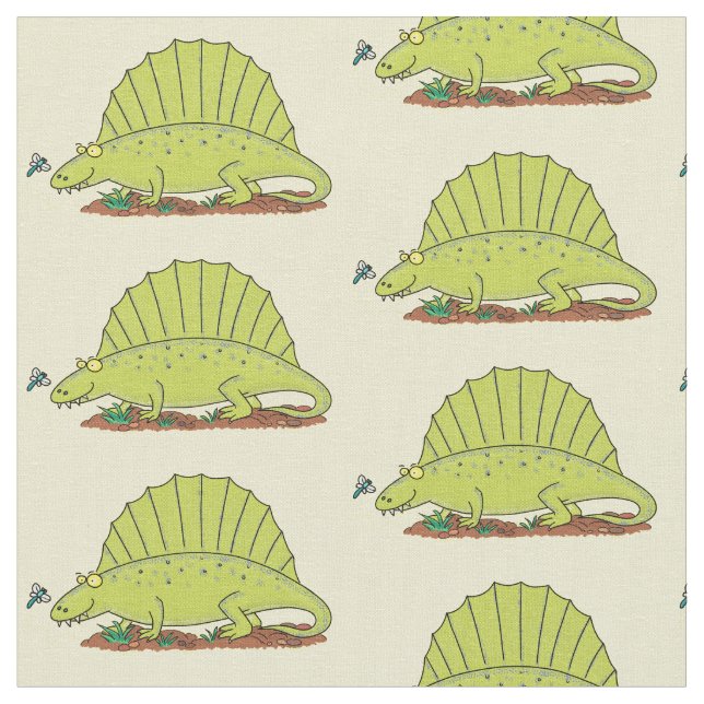 Niedlich-grüne Dimetrodon-Cartoon Stoff (Nahaufnahme)