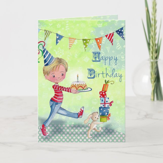 niedlich-grüne Little Birthday Boy Illustration Karte (Vorderseite)