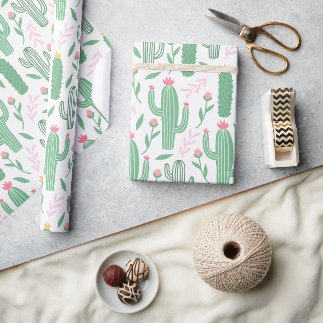Niedlich-grüne, rosa und gelbe Kaktus Kinderdusche Geschenkpapier (Kunsthandwerk)