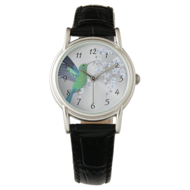 Niedlich-Grüner Hummingbird Cherry Blossom Armbanduhr (Vorderseite)