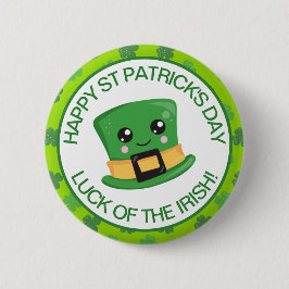 Niedlich grünes Lächeln Irish Lucky Leprechaun Hat Button