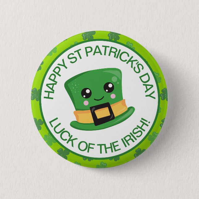 Niedlich grünes Lächeln Irish Lucky Leprechaun Hat Button (Vorderseite)