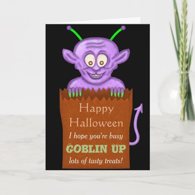 Niedlich Halloween Funny Lila Goblin Cartoon Puff Karte (Vorderseite)