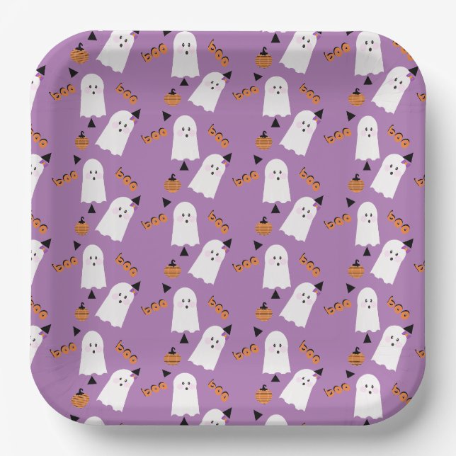 Niedlich Halloween Ghost Ghoul Orange Lila Confett Pappteller (Vorderseite)