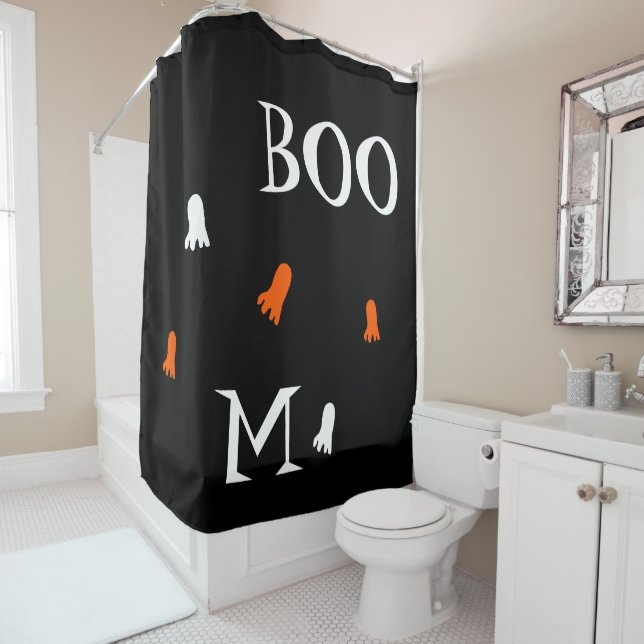 Niedlich Halloween Ghost Orange Black Personalisie Duschvorhang (Beispiel)