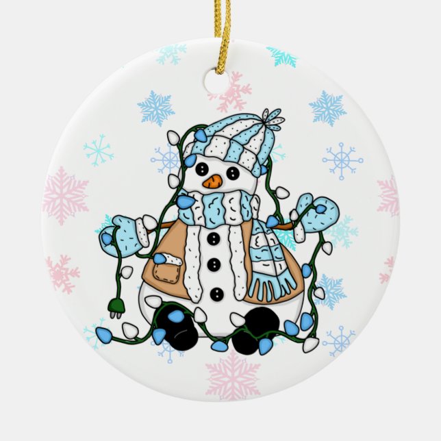 Niedlich Hand Drawn Blue Snowman Weihnachten Keramik Ornament (Vorne)