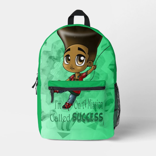 Niedlich Happy African American Boy Green Bedruckter Rucksack (Vorderseite)