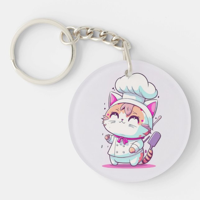 Niedlich Happy Baker Konditorei Koch Cat Kitten | Schlüsselanhänger (Vorderseite)