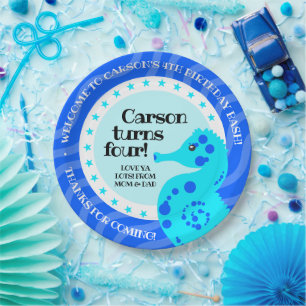 Niedlich Happy Birthday Boy Blue Seepferd on Waves Pappteller