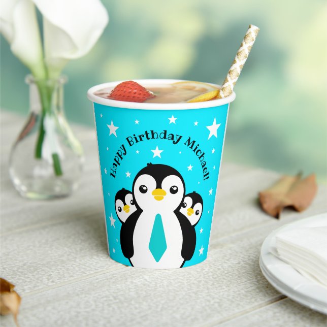 Niedlich Happy Birthday Boy Penguins Blue Neckties Pappbecher (In Situ)