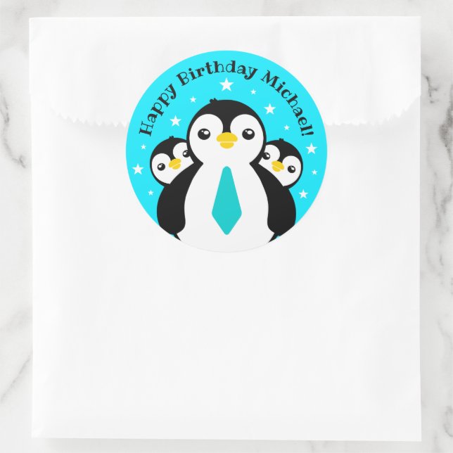 Niedlich Happy Birthday Boy Penguins Blue Neckties Runder Aufkleber (Tasche)