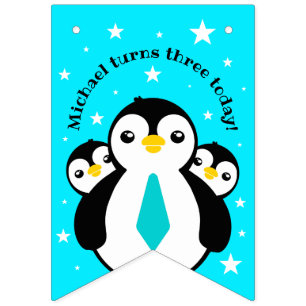 Niedlich Happy Birthday Boy Penguins Blue Neckties Wimpelkette
