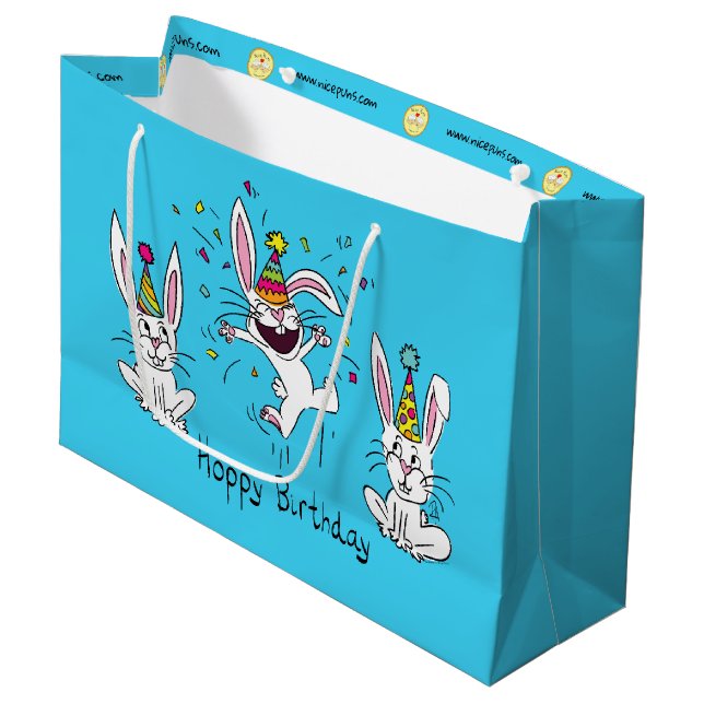 Niedlich Happy Birthday Bunny Rabbits Kinder Große Geschenktüte (Vorderseite Schrägansicht)