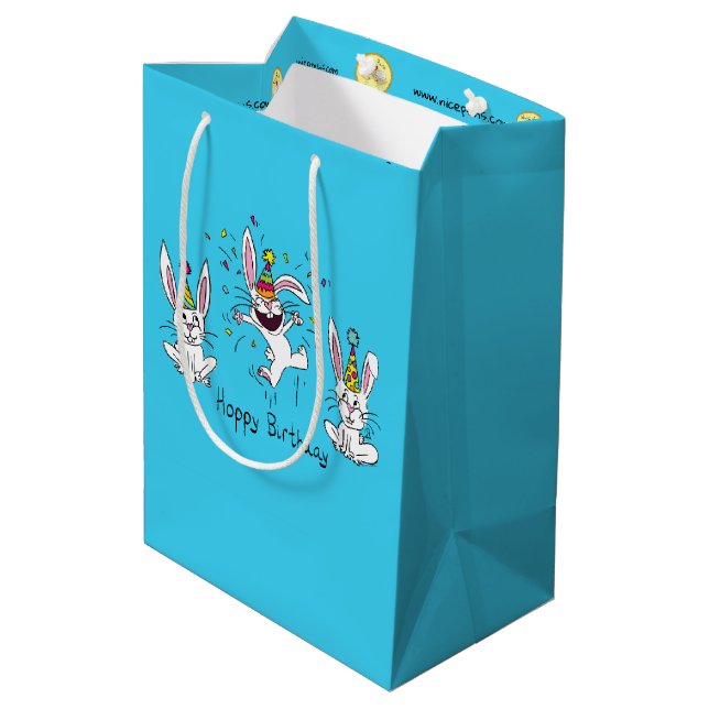 Niedlich Happy Birthday Bunny Rabbits Kinder Mittlere Geschenktüte (Rückseite Schrägansicht)
