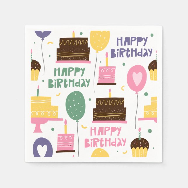 Niedlich Happy Birthday Cake Balloon Musterpapier Serviette (Vorderseite)
