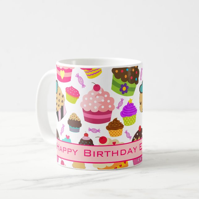 Niedlich Happy Birthday Cupcake Kaffeetasse (Vorderseite Links)