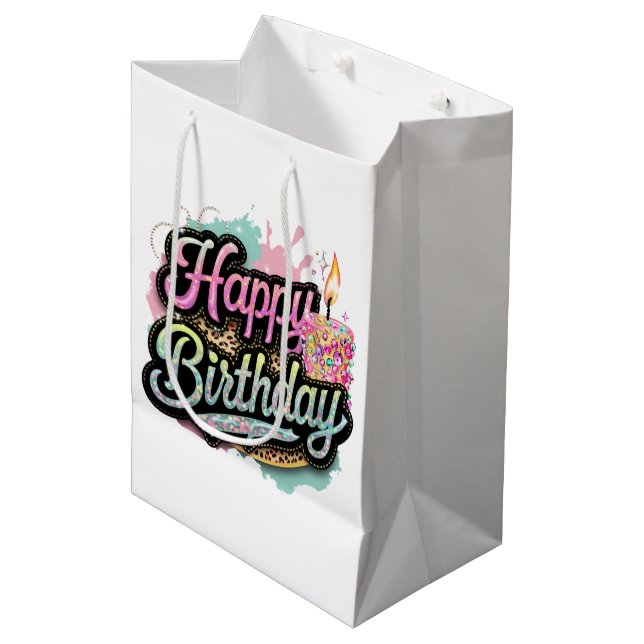 Niedlich Happy Birthday Dame's Party Mittlere Geschenktüte (Vorderseite Schrägansicht)