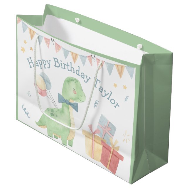 Niedlich Happy Birthday Dinosaur Party Große Geschenktüte (Vorderseite Schrägansicht)