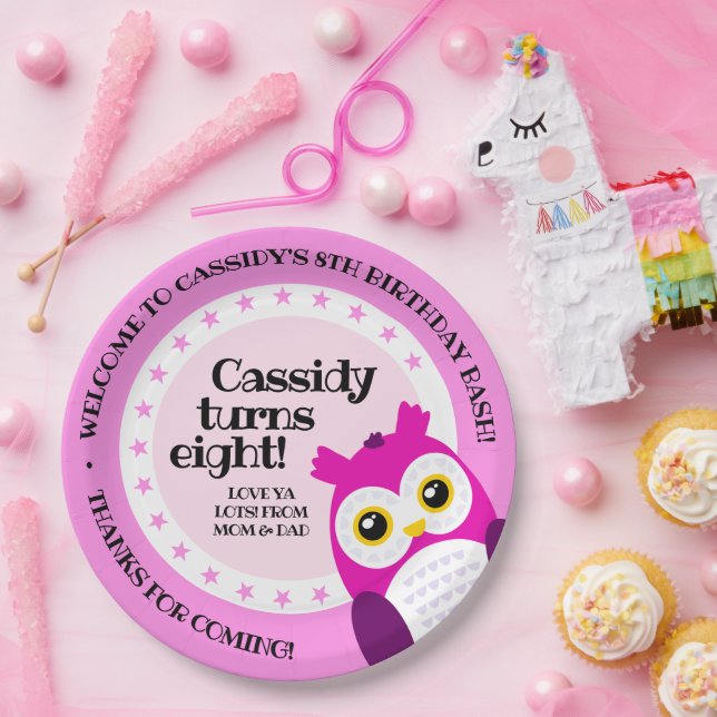Niedlich Happy Birthday Girl Pink Owl Pappteller (Party)