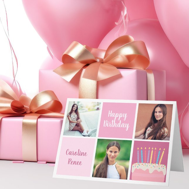 Niedlich Happy Birthday Pink FotoCollage Custom Karte (Von Creator hochgeladen)