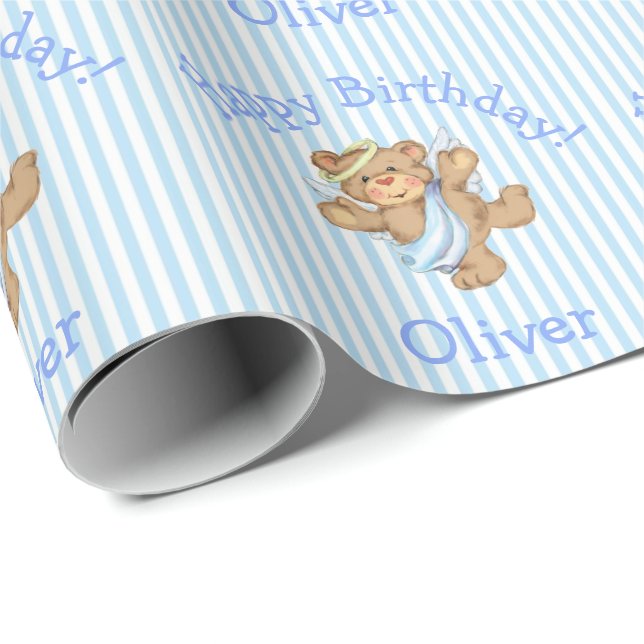 Niedlich Happy Birthday Teddy Bear Angel Baby Boy Geschenkpapier (Rolleneckpunkt)
