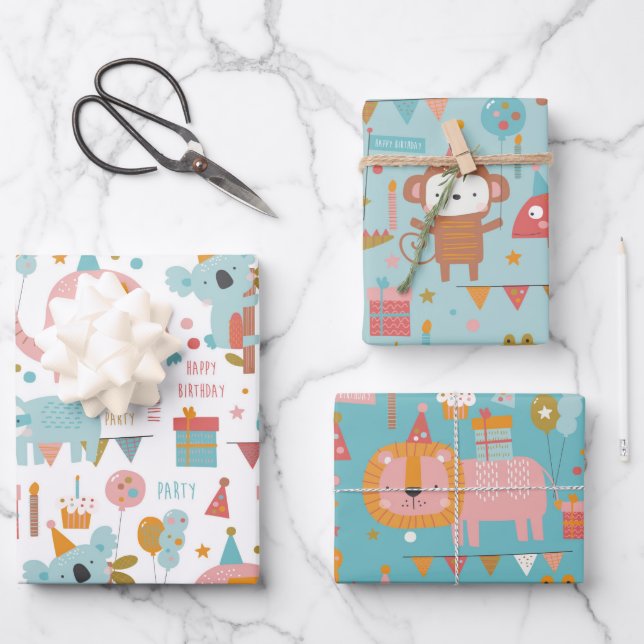 Niedlich Happy Birthday Tiere Koala Lion Sloth Geschenkpapier Set (Vorderseite)