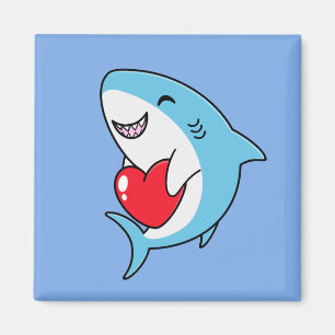 Niedlich Happy Blue Shark Holding a Red Heart Magnet