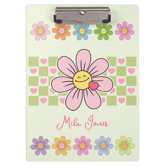Niedlich Happy Blume Lächeln Individuelle Name Klemmbrett (Vorderseite)