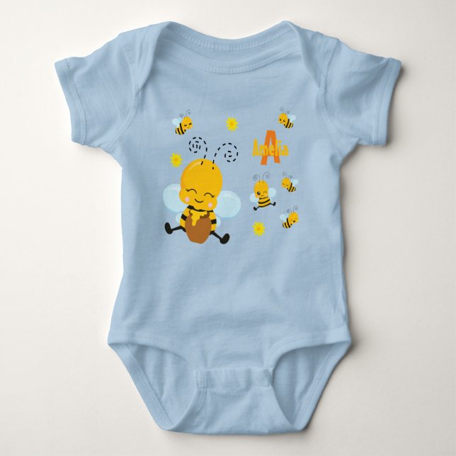 Niedlich Happy Bumble Bee mit Blume Blue Baby Strampler (Vorderseite)