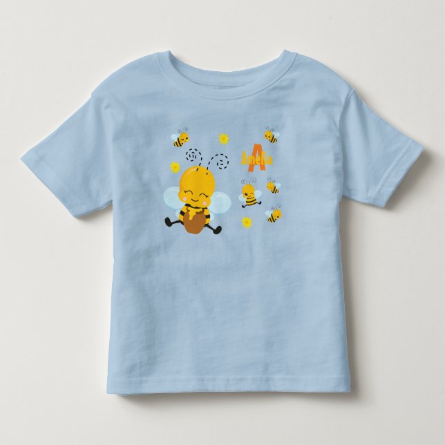 Niedlich Happy Bumble Bee mit Blume Blue Kleinkind T-shirt (Vorderseite)