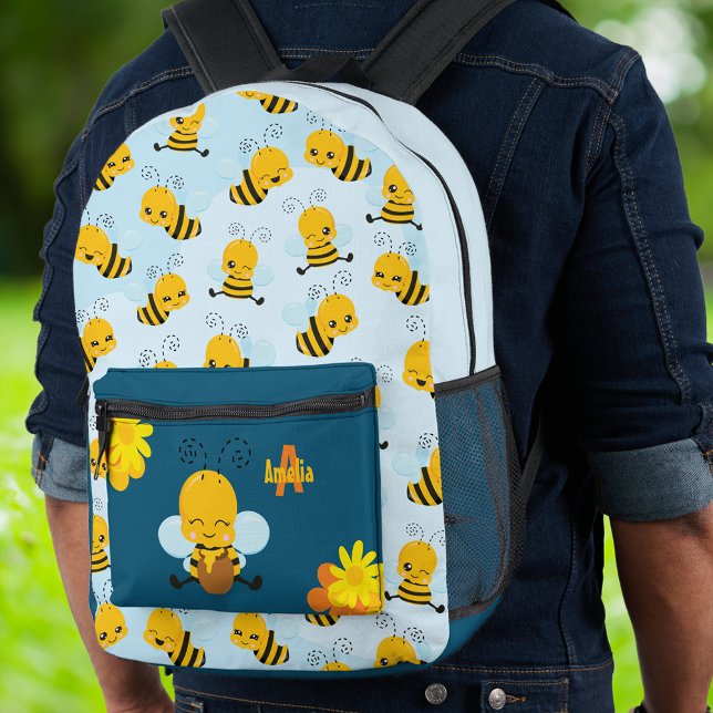Niedlich Happy Bumble Bee mit Blume Kleines Kind Bedruckter Rucksack (Von Creator hochgeladen)