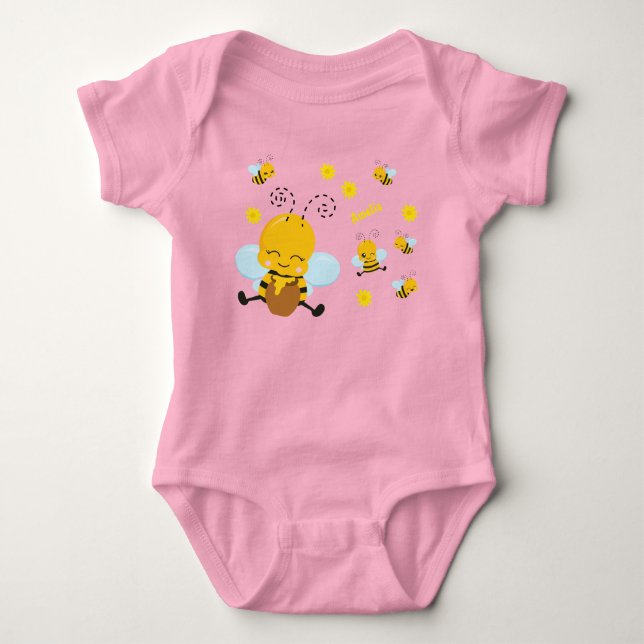 Niedlich Happy Bumble Bee mit Blume Rosa Baby Strampler (Vorderseite)