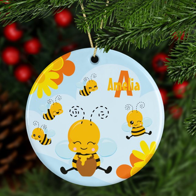 Niedlich Happy Bumble Bee mit Blume Weihnachten Keramik Ornament (Von Creator hochgeladen)
