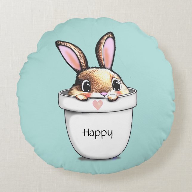 Niedlich Happy Bunny in einer Pflanze Rundes Kissen (Vorderseite)