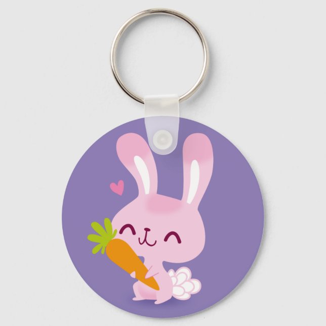 Niedlich Happy Bunny Rabbit Holding a Carrot Schlüsselanhänger (Vorderseite)