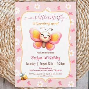 Niedlich Happy Butterfly Pink Floral Girl 1. Gebur Einladung