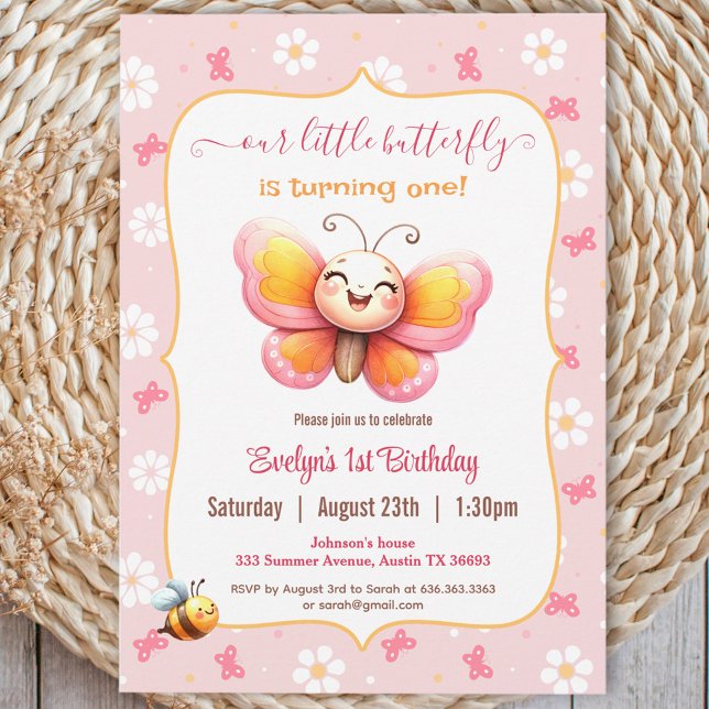 Niedlich Happy Butterfly Pink Floral Girl 1. Gebur Einladung (Cute Happy Butterfly Pink Floral Girl 1st Birthday Invitation)