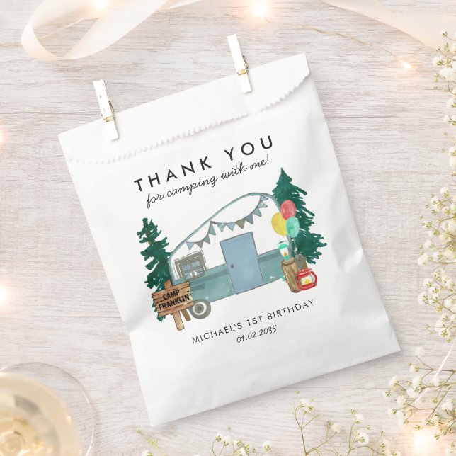 Niedlich Happy Camper Van Trees Camping 1. Geburts Geschenktütchen (Ausgeschnitten)