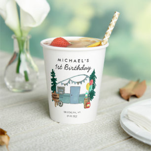 Niedlich Happy Camper Van Trees Camping 1. Geburts Pappbecher