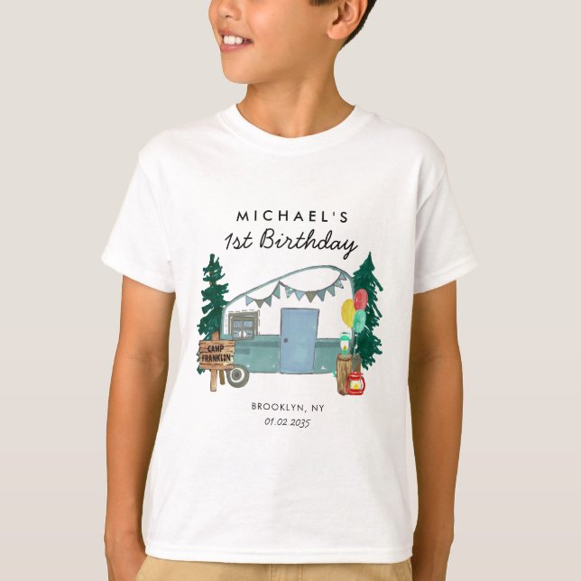 Niedlich Happy Camper Van Trees Camping 1. Geburts T-Shirt (Vorderseite)