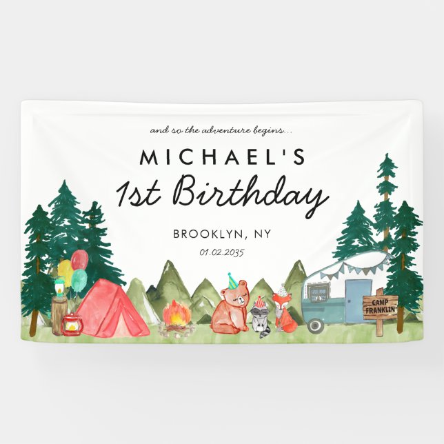 Niedlich Happy Camper Van Trees Camping Kindergebu Banner (Horizontal)