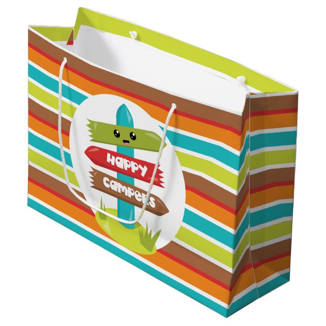 Niedlich Happy Campers signiert Party-Tasche Große Geschenktüte (Vorderseite Schrägansicht)