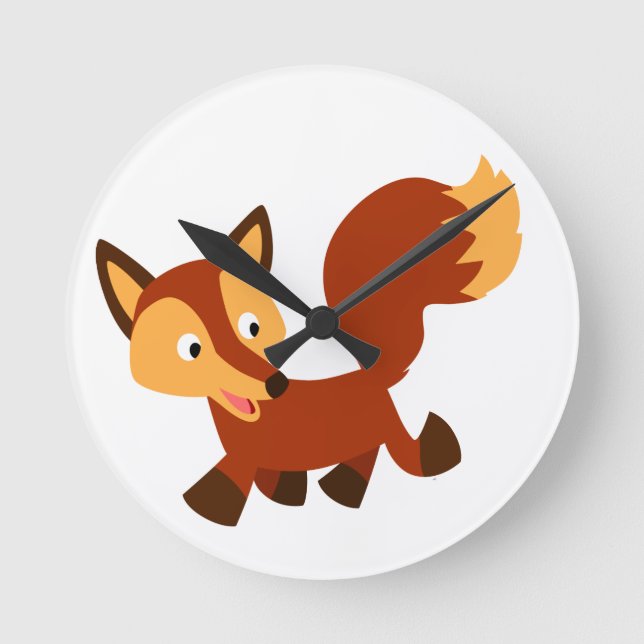 Niedlich Happy Cartoon Fox Wall Clock Runde Wanduhr (Vorderseite)